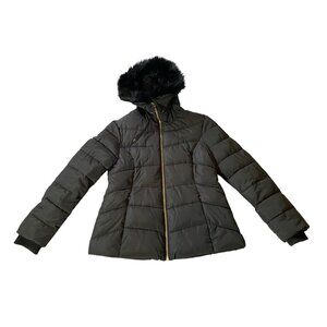 Guess Womens Black Puffer Jacket With Faux Fur Hood Large